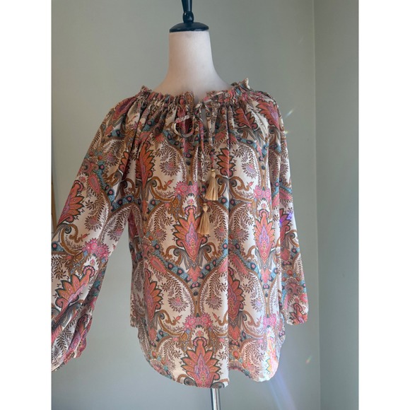 boemo Tops - Boemo Paisley Tassel boho Blouse Pink Blue LongSleeve Top M shirt whimsi cottage